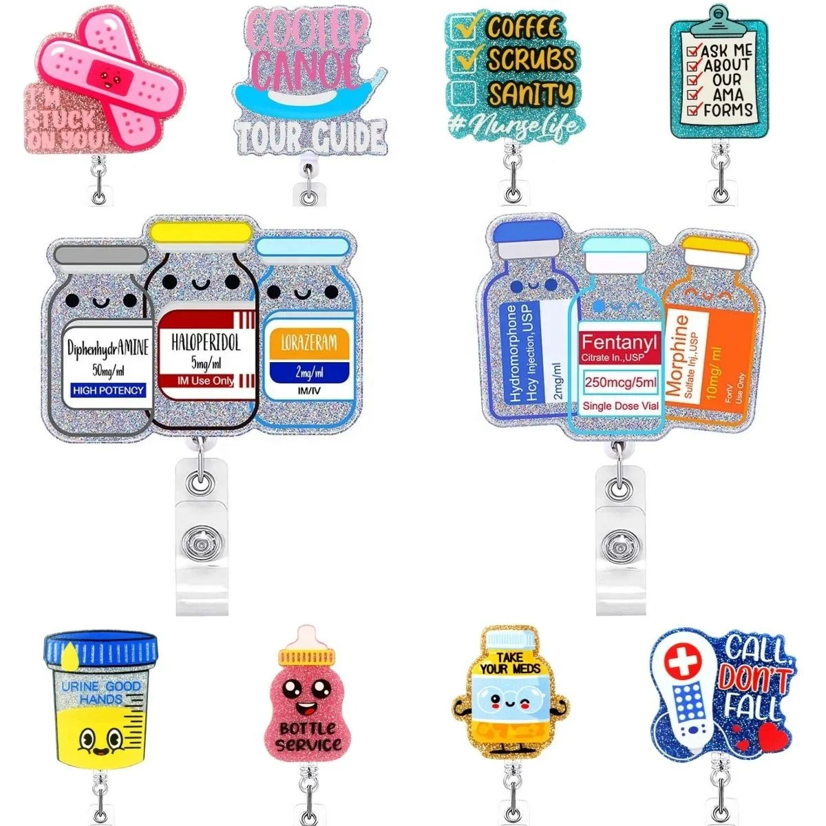 Wholesale Custom Nurse Scrub Life Badge Reel Acrylic Pill medicine Bottle Retractable Badge Reel Badge Holder