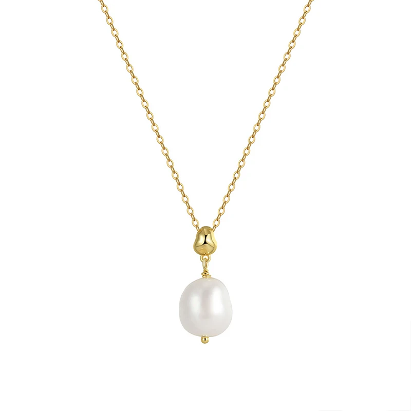 14K Gold Plated S925 Sterling Silver Single Fresh Water  Baroque Pearl Pendant Necklace