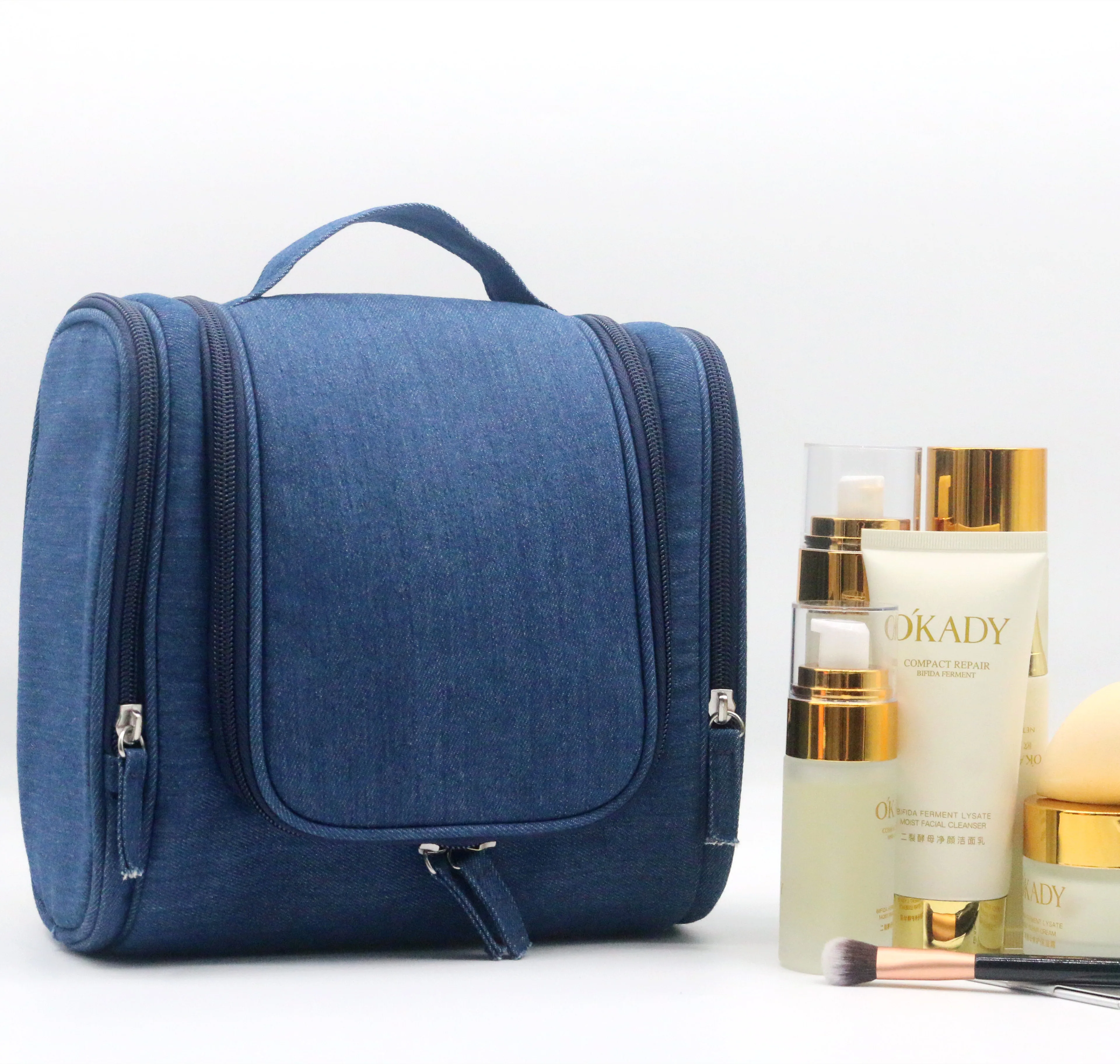 Distinct Desgin Denim Fabric Hanging Toiletry Bag Skydiver Blue Exquisite Hanging Wash Bag Durable Travel Toilet Bag