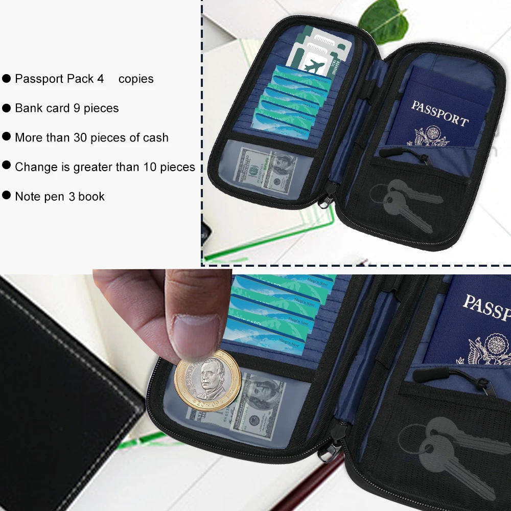 Multi-Purpose Lightweight Family Travel Document Organizer RFID Passport Holder Wallet with Zipper Closure and Small Pockets