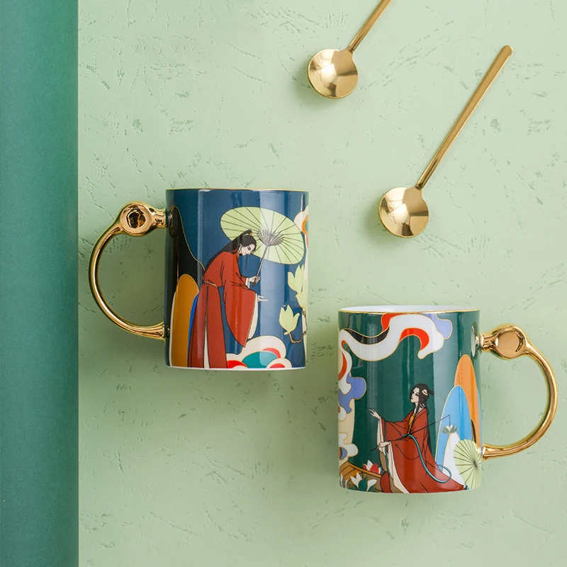 Oriental Culture High-Durable Ceramic Mug Wedding Couple Suit Cartoon Design Wear-Resistant Tea & Coffee Set