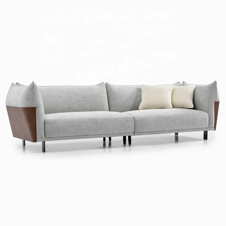 Stylish Design Grey Color Fabric Modern Sectional Villa Sofa with Wooden Armrests