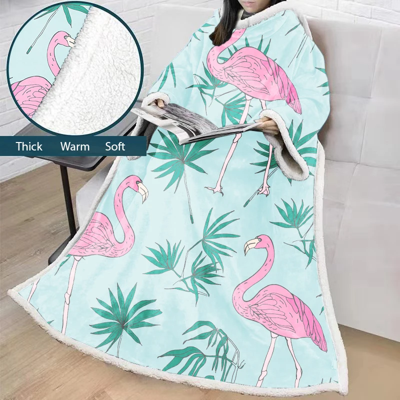 Wholesale Popular Design Home Decor Boho Sleeve Flannel Microfiber Flamingo Fleece Tv Blanket with Sleeves