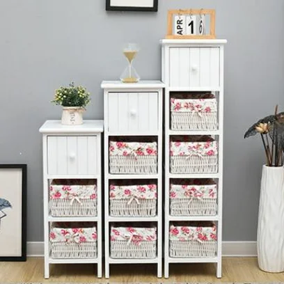 
Hot Wholesale Wicker Basket Bedroom white European style Entry wooden Storage Cabinet Chest of rattan drawers 