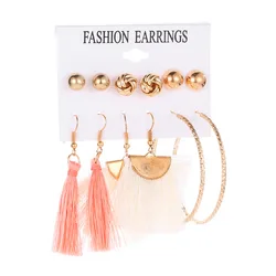 JER-197006 6 Pairs Pack Stud Lady Small Pack New Fashion Tassel Drop Boho Earring Set