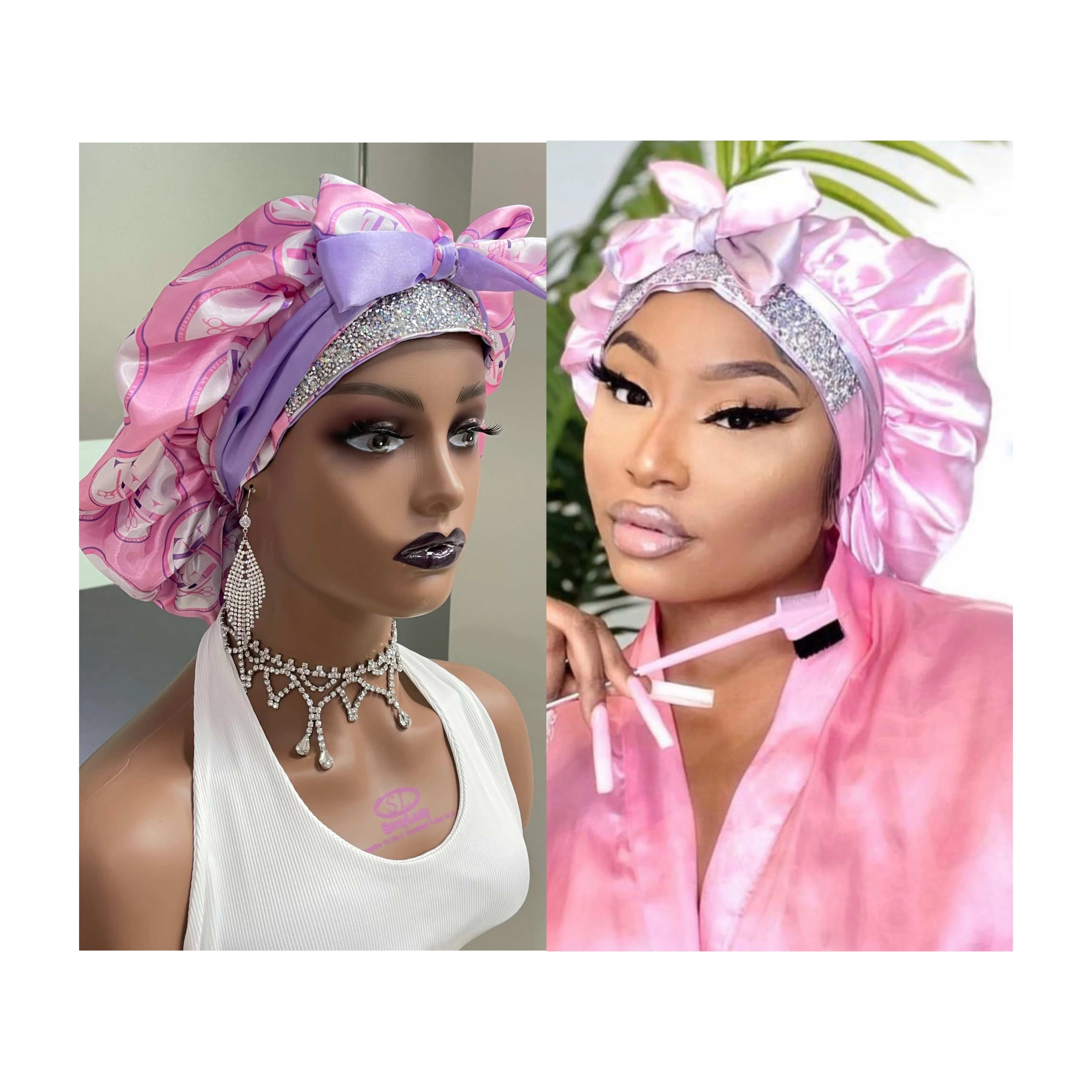 Бесплатный образец, двухслойные шелковые шляпки и атласные обертки для волос с блестящими стразами и логотипом на заказ