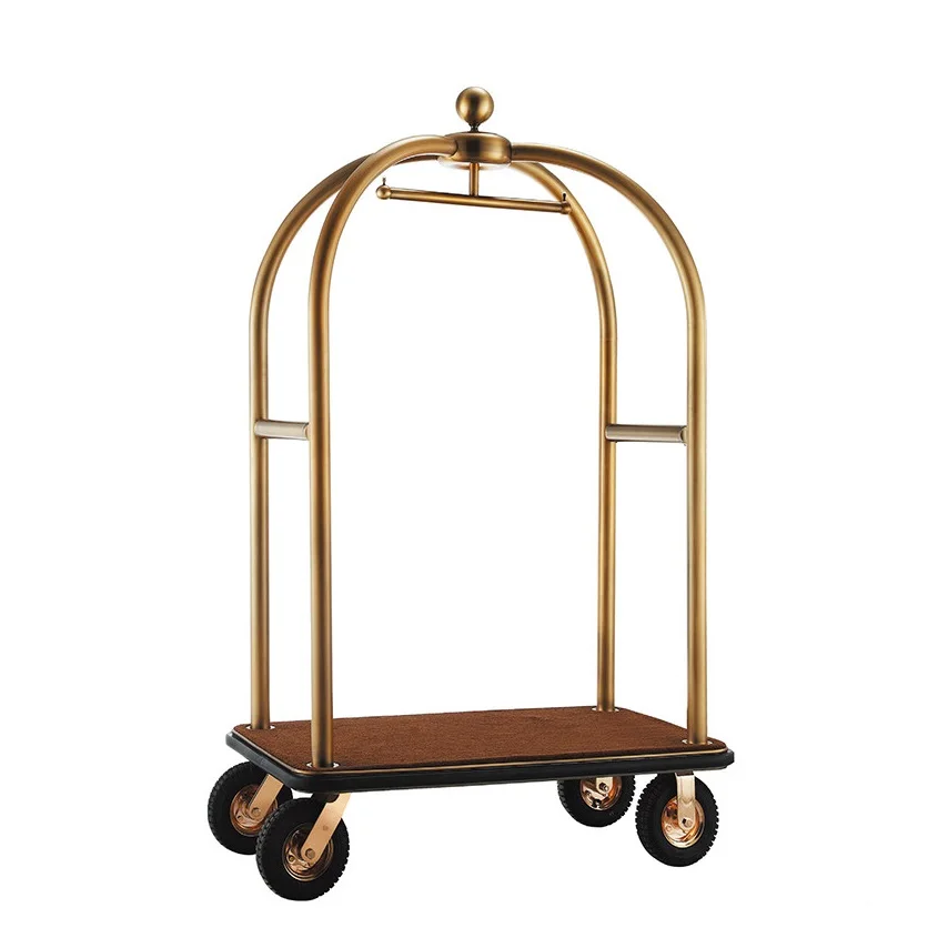 Wholesale Customized Factory Hand Hotel Lobby Bellman Luggage Trolley Cart Direct Golden Hotel Furniture Adjustable Accetpted