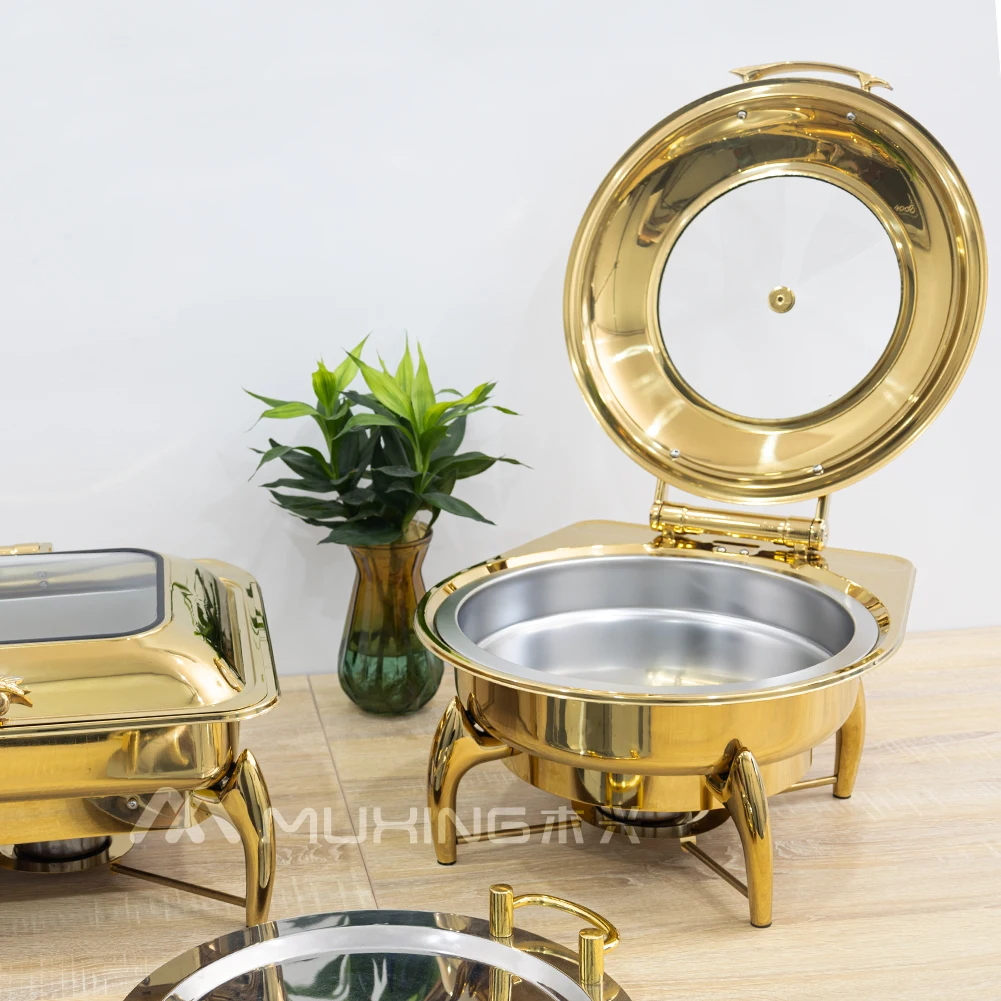 Hotel Round Gold Chafer Dish With Burners Pour Buffet Luxury Food Warmer Stainless Steel Chaffing Dishes For Catering
