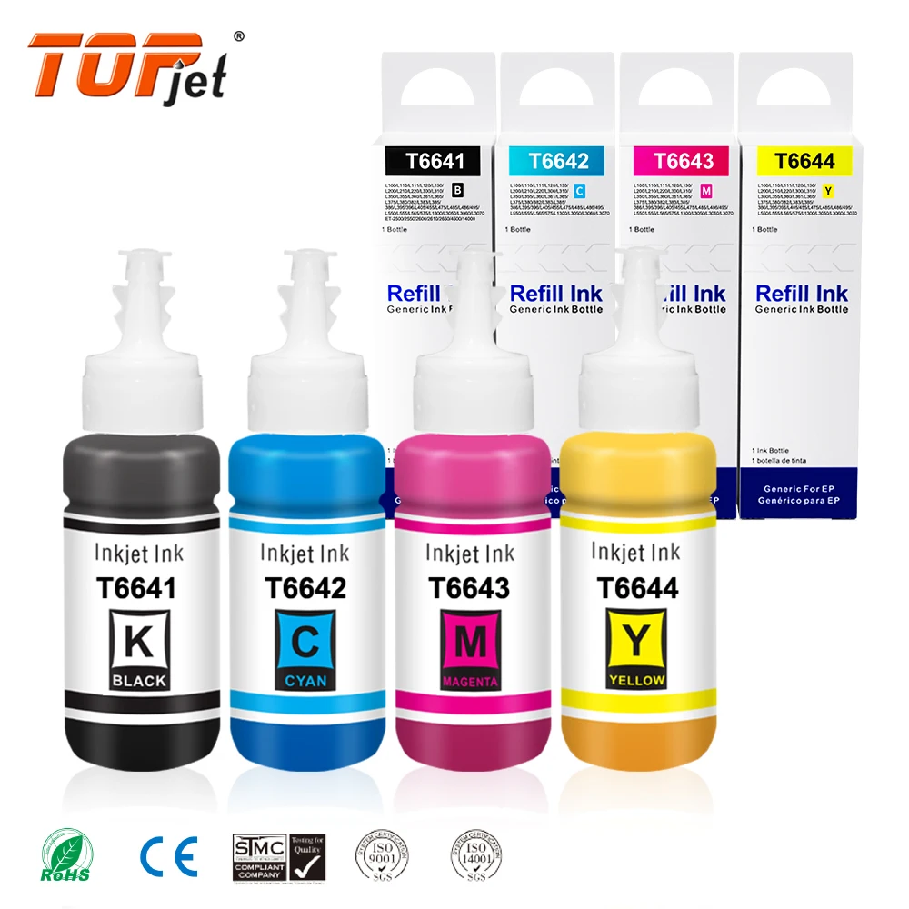 Topjet Bottle 664 T6641 6642 6643 6644 Refill Kit Ink Water Based Bulk Dye Ink Compatible For Epson L355 L382 L100 L210 Printer