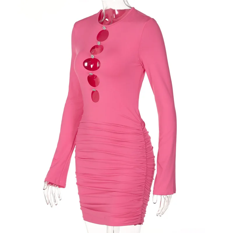 2022 Sexy Women Night Club Wear Crew Neck Hollow Out Rhinestone Long Sleeve Bodycon Mini Dresses