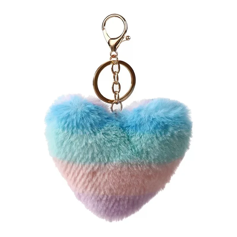 fluffy personalized heart shaped fur pompom keychain  color heart shape cute custom fake  fur pom pom  keychain