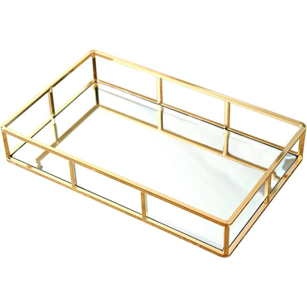 Dresser Decorative Ornate Metal Gold Vanity Jewelry  Organizer Makeup Mirror Tray for Vanity  Dresser Bathroom  Bedroom