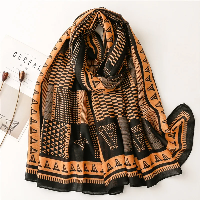 Spain Luxury Brand Black Beige Geometric Line Tassel Viscose Scarf Women Print Shawls and Wraps Pashmina Stole Muslim Hijab