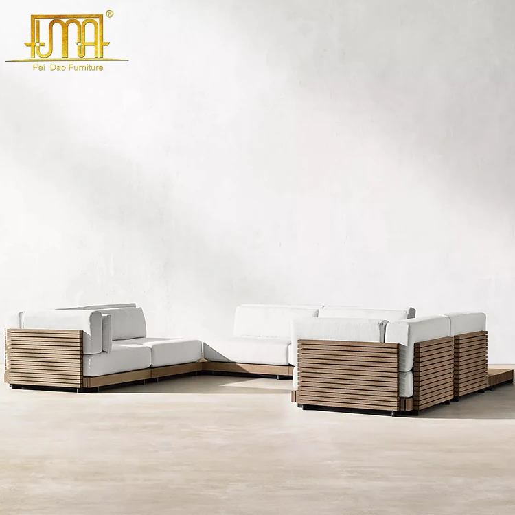 Factory Custom High End Fabric Cushion All Weather Outdoor Large Teak Wooden Garden Sofa