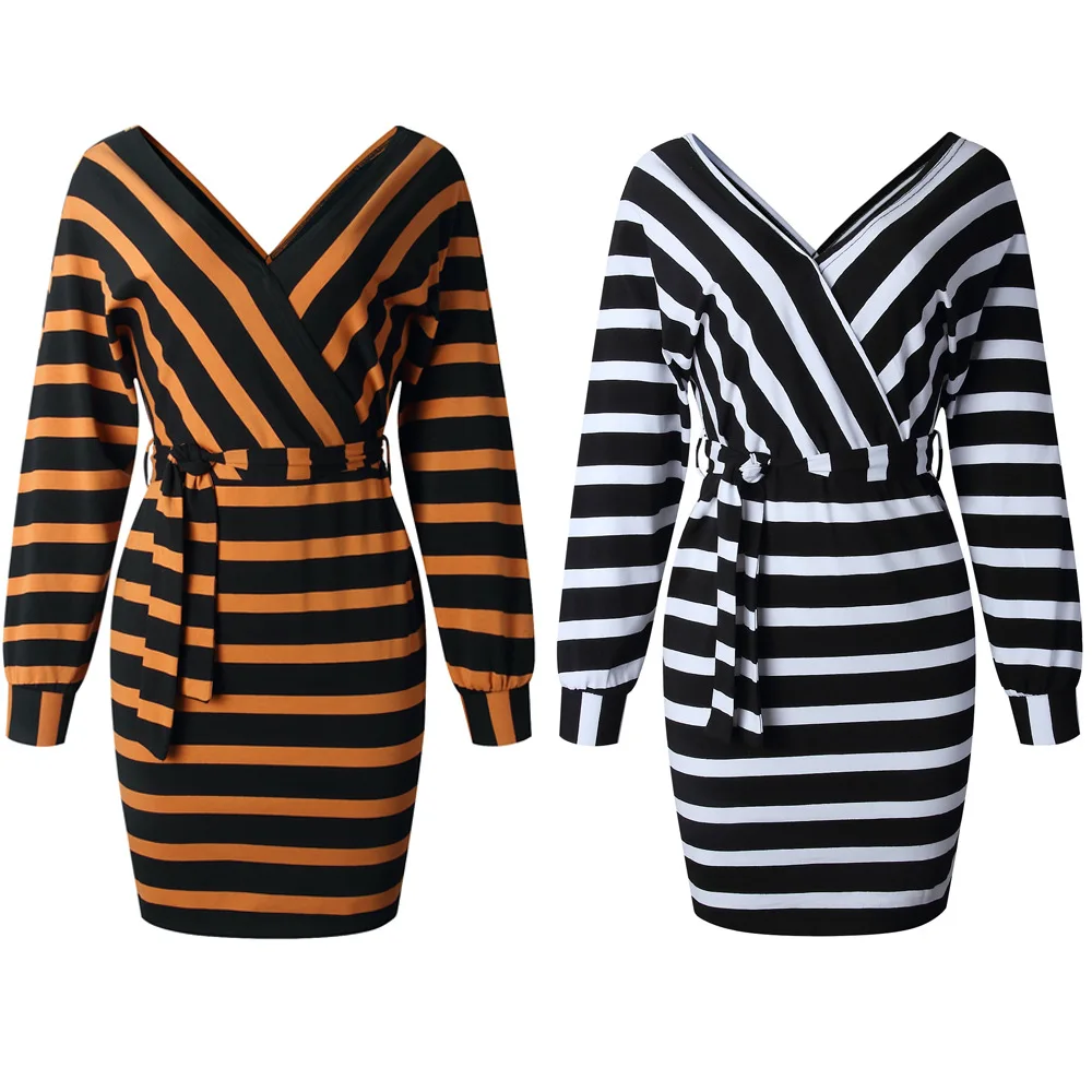 Womens Casual fall clothing 2021 Best-selling with belt stripe V neck office sexy women fashion plus Size Dress