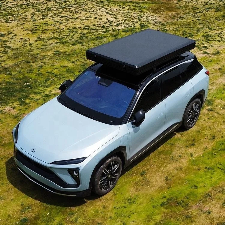 Outdoor self driving camping roof tent with large black glue aluminum shell triangular roof tent inside