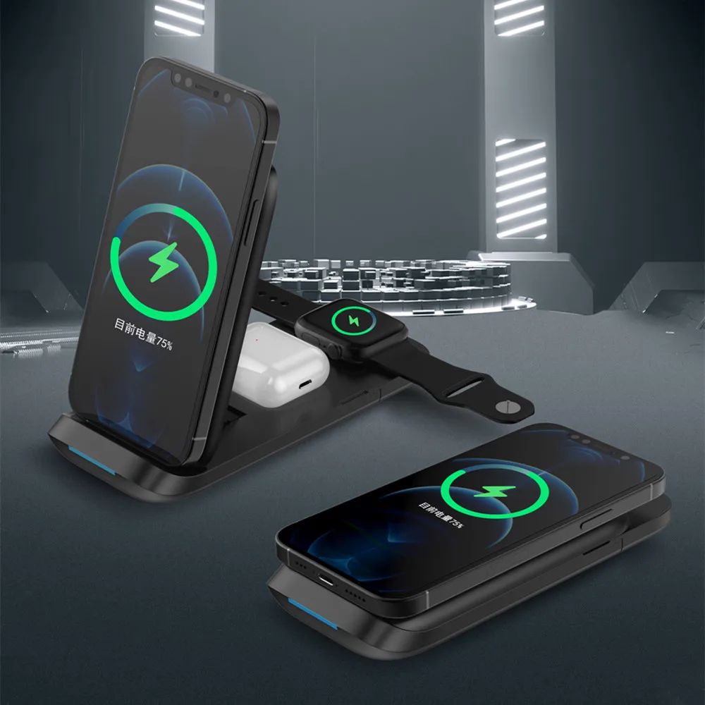 Hot Sales Wholesale Price eBay Folding Fast Charging 15W 10W QC 3.0 Mobile Phone Airpods iWatch 3 in 1 Wireless Charger