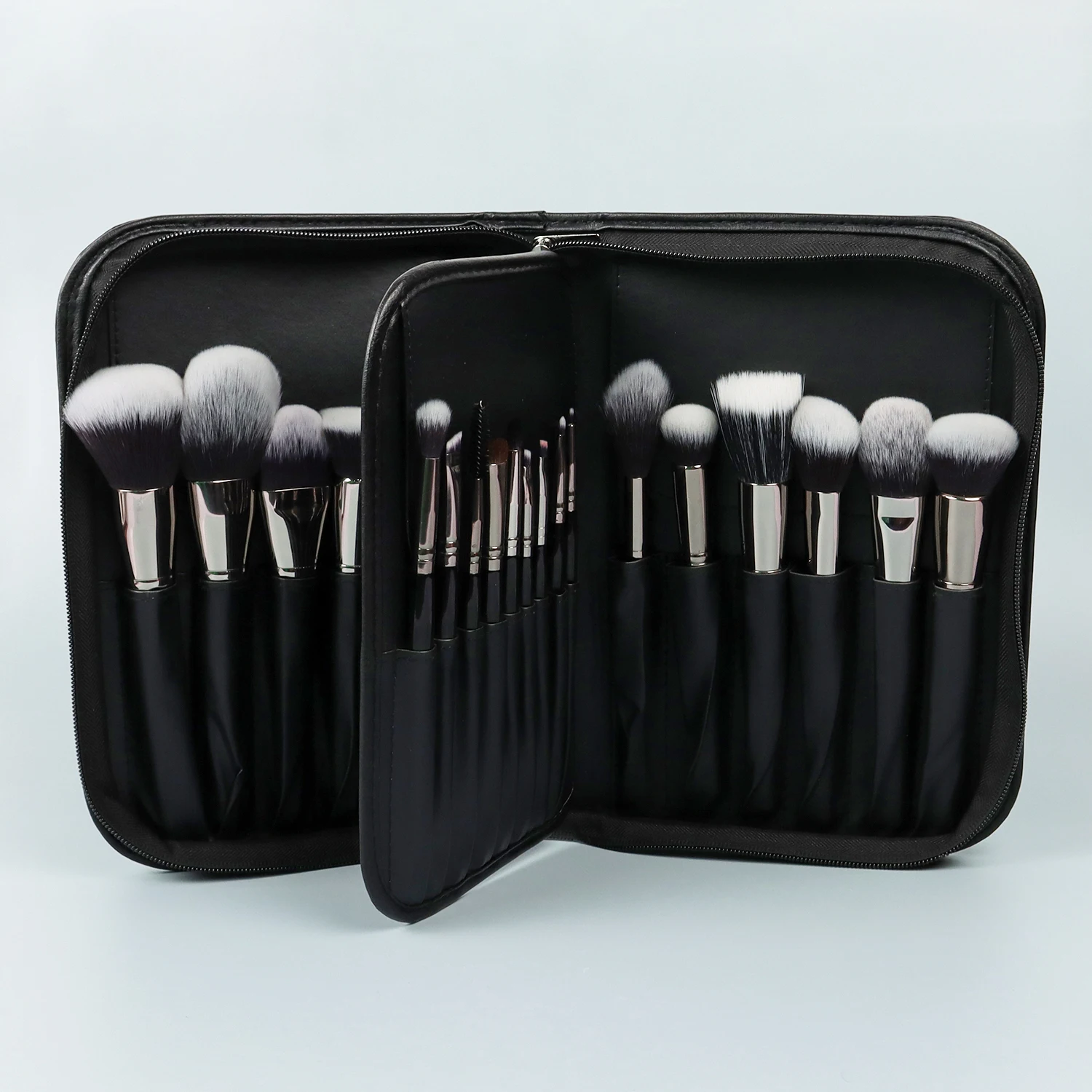 Amulite Makeup Brushes Bag PU Leather Big Makeup Artist Case Professional Custom Logo cosmetic Black Handbag fits 29 Brushes