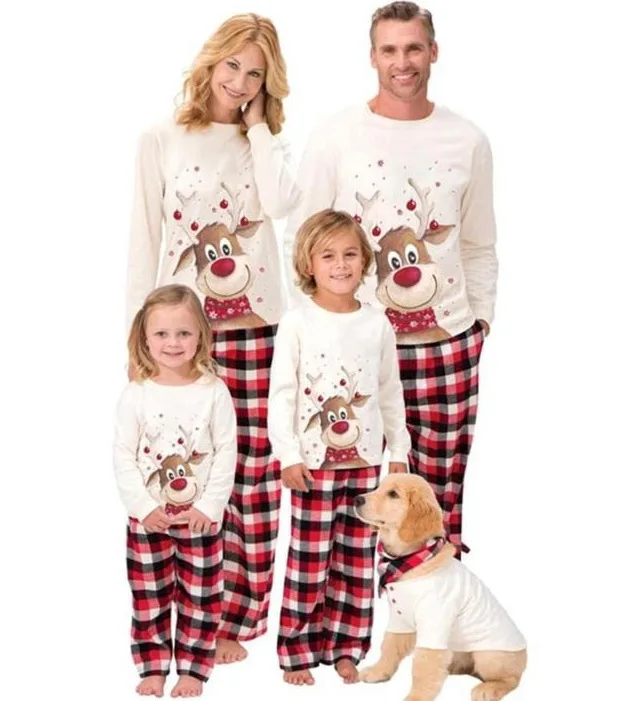 Family Matching Pyjamas Sets Christmas Pjs with Deer Long Sleeve Tee Plaid Pants Loungewear Pajama