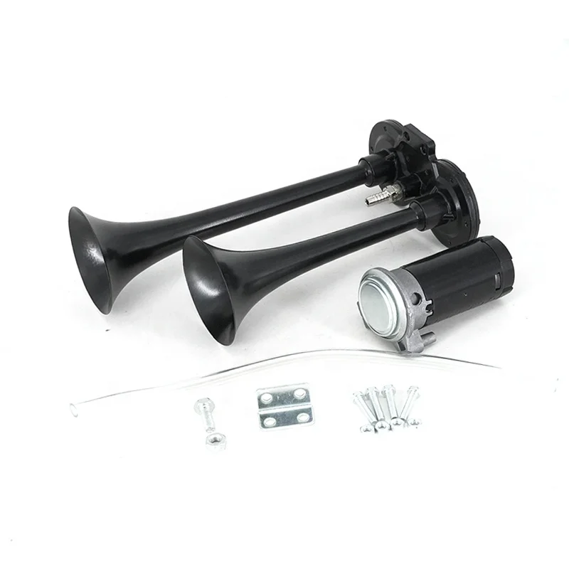 Black 12V 130db Air Horn Dual Trumpet Super Loud 450Hz Compressor Set Car Truck Train Boat