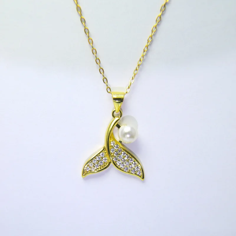 Wholesale Delicate White Imitation Pearl Mermaid Tail Pendant Necklace Copper Zircon Wedding Bridal Jewelry for Women Mother