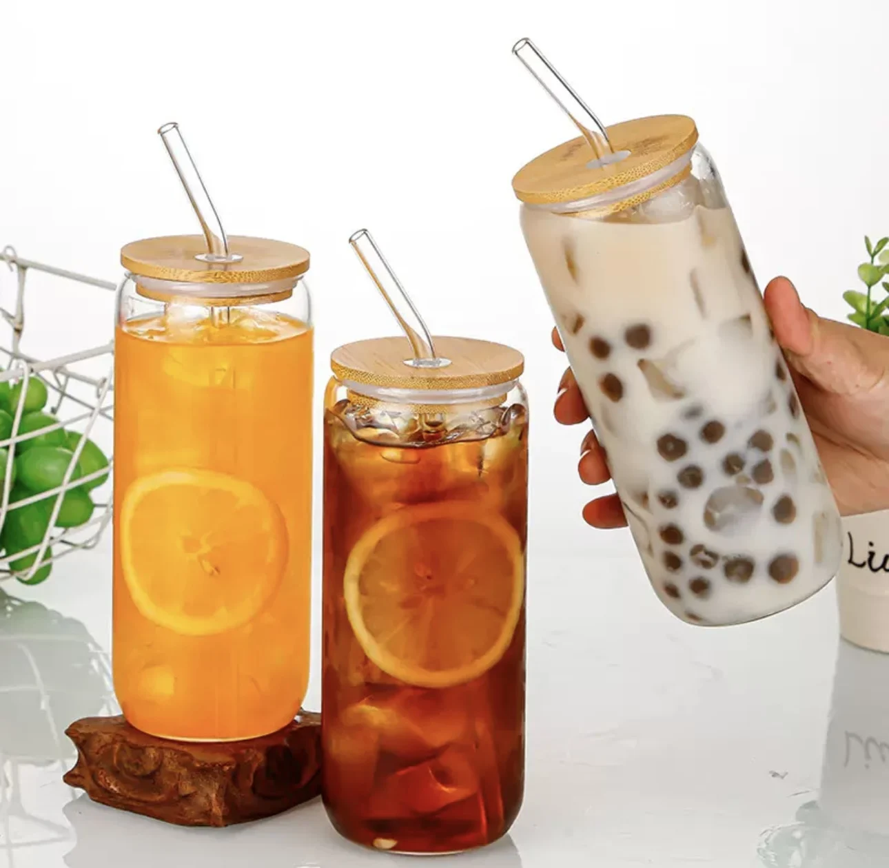 Wholesale 16oz cola cups with bamboo lids straws glass drinking cups