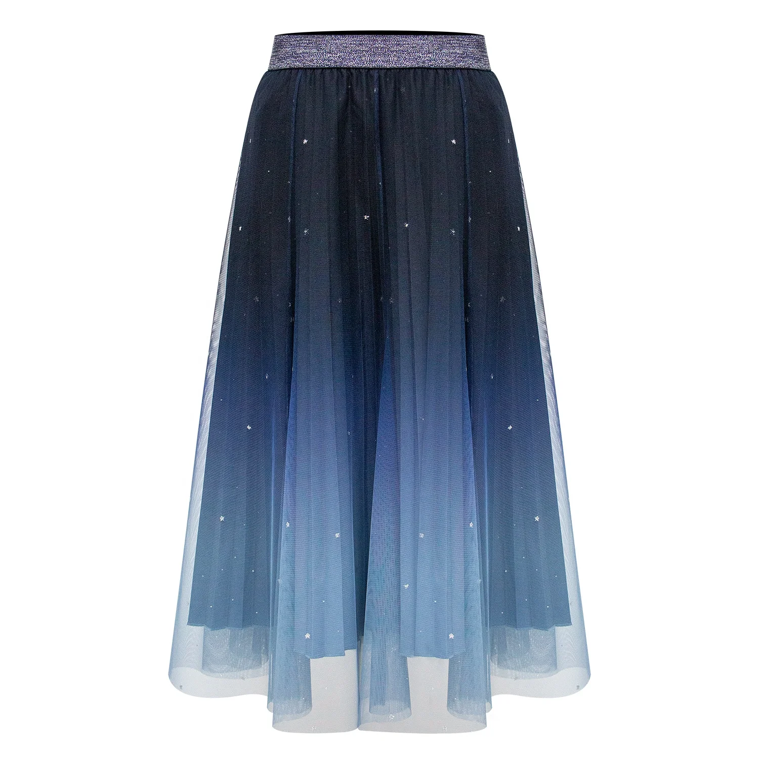 Custom 2024  Pleated Midi Blue Evening Party Lace Skirt Star Sequin Gradient Tulle Mesh Cover Up Pleated Satin Midi Skirt Women