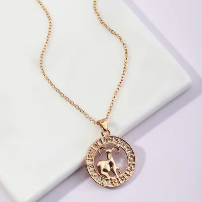 
Fashion Jewelry 12 Zodiac Image Sign Solid Golden Coin Pendant Necklace Chain Link Necklaces For Women 