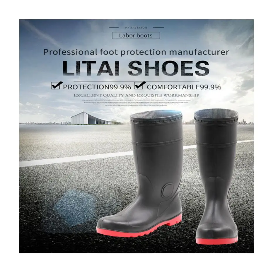 Unisex Black Custom Waterproof Long safety pvc Gumboots for Construction man long