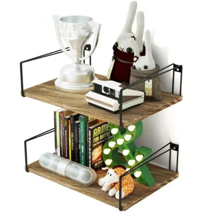 2 Piece Rustic Antique Custom Wall Hanging Shelves Save Space Solid Wood Metal Storage Rack Wall Shelf
