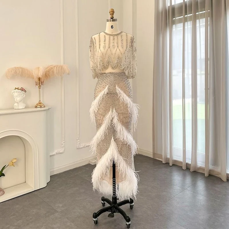 Scz057 Luxury Dubai White Feathers Two Pieces Evening Dresses For Women Wedding Beaded Midi Short Prom Party Gownsmen Wedding
