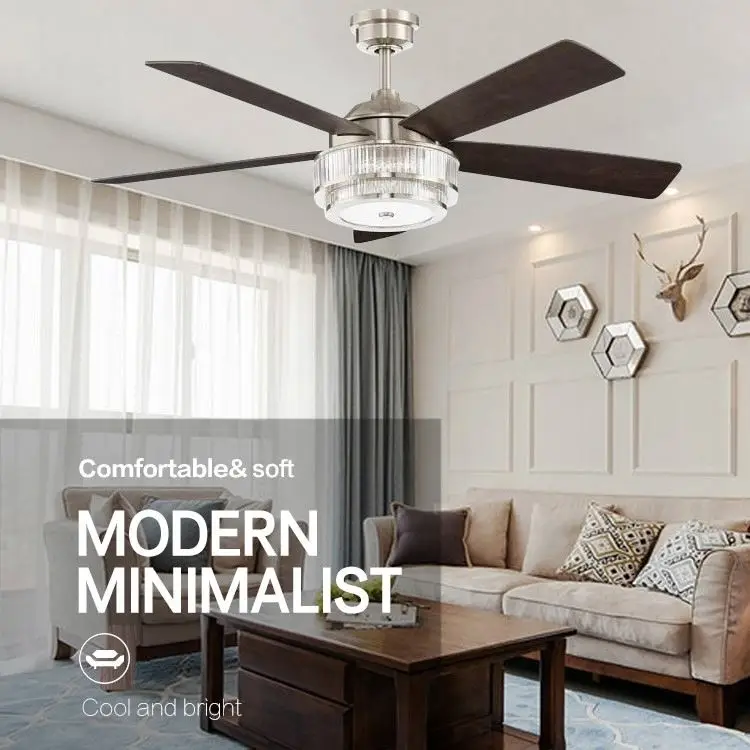 Simple American Style Decorative Crystal Luxury Chandelier Bedroom Remote Control Ceiling Fan Light