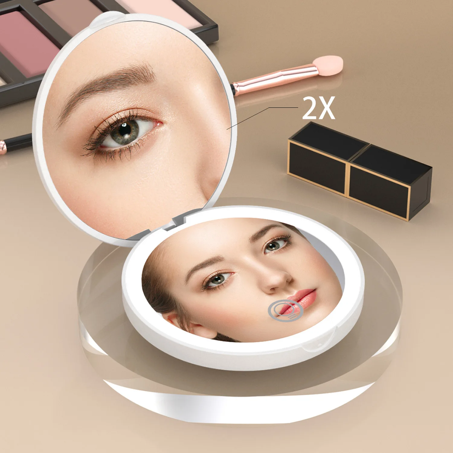 Pocket 2x Magnify Makeup Mirror for Women Beauty Care Travel Portable Round Makeup Tool LED Light Mini Cute Makeup Mirror
