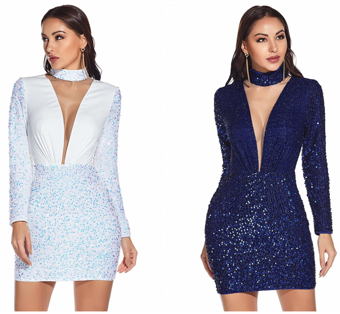 Fall winter evening gown Sequined deep V-neck formal long sleeves evening dress for Christmas party