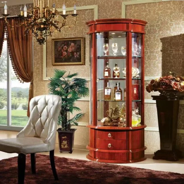 Stylish Red Wooden Wine Cabinet Display Classic Storage Furniture with Tall Glass for Home Metal Kitchen Showcase Modern Picture
