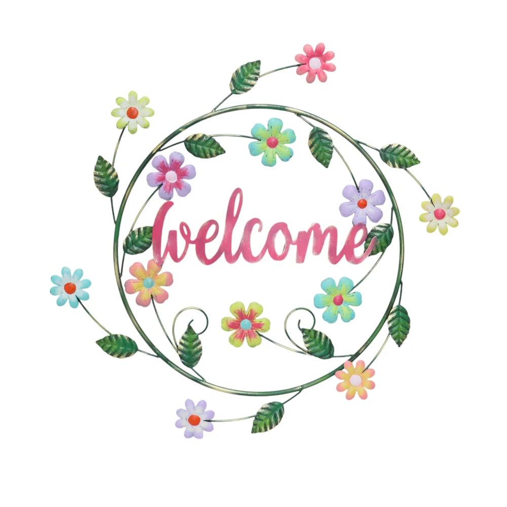 Welcome Sign Flower Wall Decor Metal Rings Flower Wreath Garden Decor