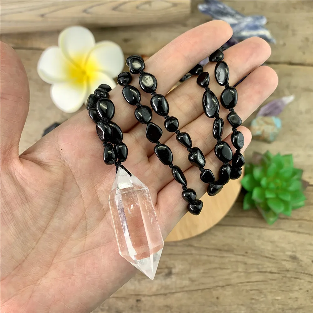 LS-A232 Black Tourmaline Chips Beads Knotted Necklace,Natural White Quartz Pendants Healing Crystal Necklace,Mala Beads necklace