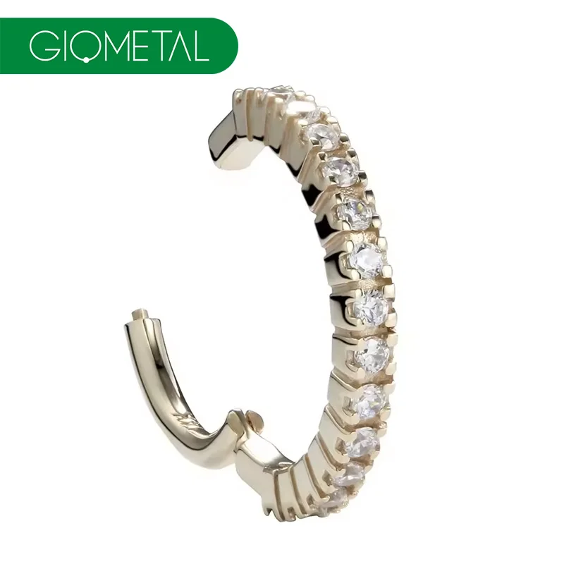 Giometal 14K Solid Gold Gemmed Radiant Cartilage Septum Clicker Piercing Tragus Conch body Jewelry Hinged Segment Daith Ring