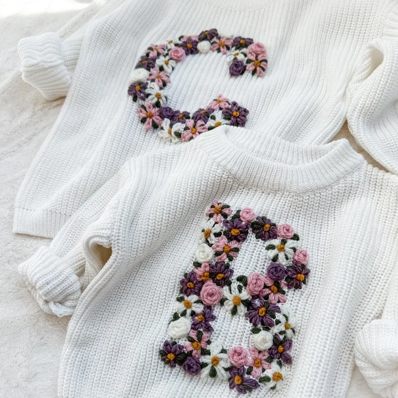 Factory hand embroidered sweaters for Babies and Toddlers custom alphabet knit sweaters for girls and boys