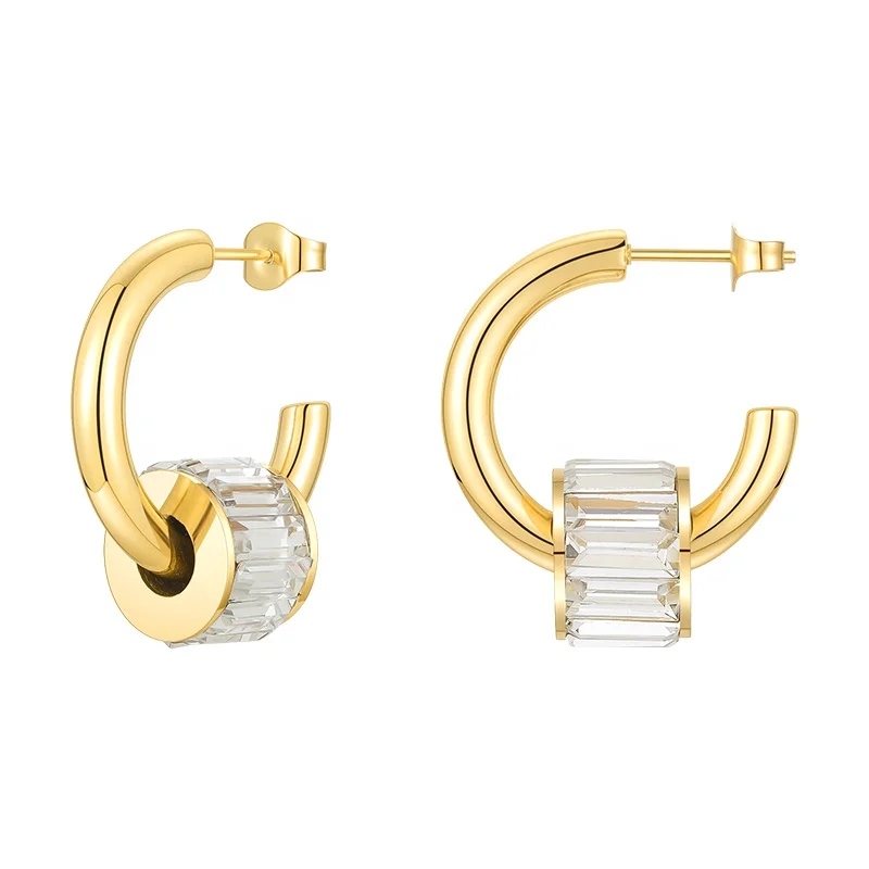 High Quality 18K Gold Plated Stainless Steel Jewelry C Shaped Diamond Encrusted  Cylinder  Earrings E201220
