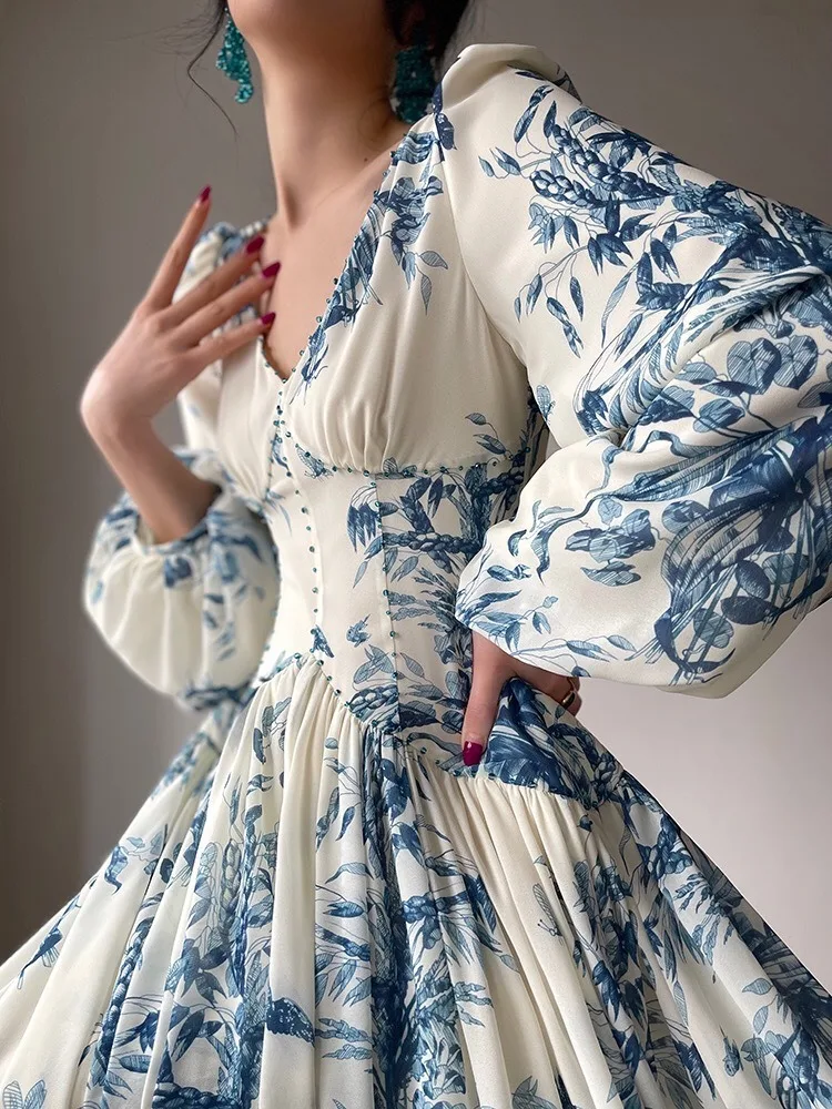 Floral Dress Long Puff Sleeve Dress For Women Printed Decorated Ballroom Dance Gown Formal Woman Clothing