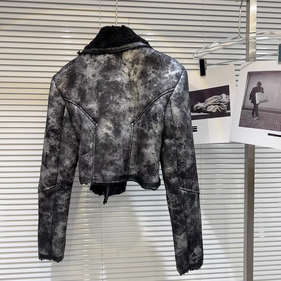 OUDINA Fashionable Winter Motorcycle Diagonal Tie-dye Pattern Fur Faux Leather Jacket Coat Bomber Jacket