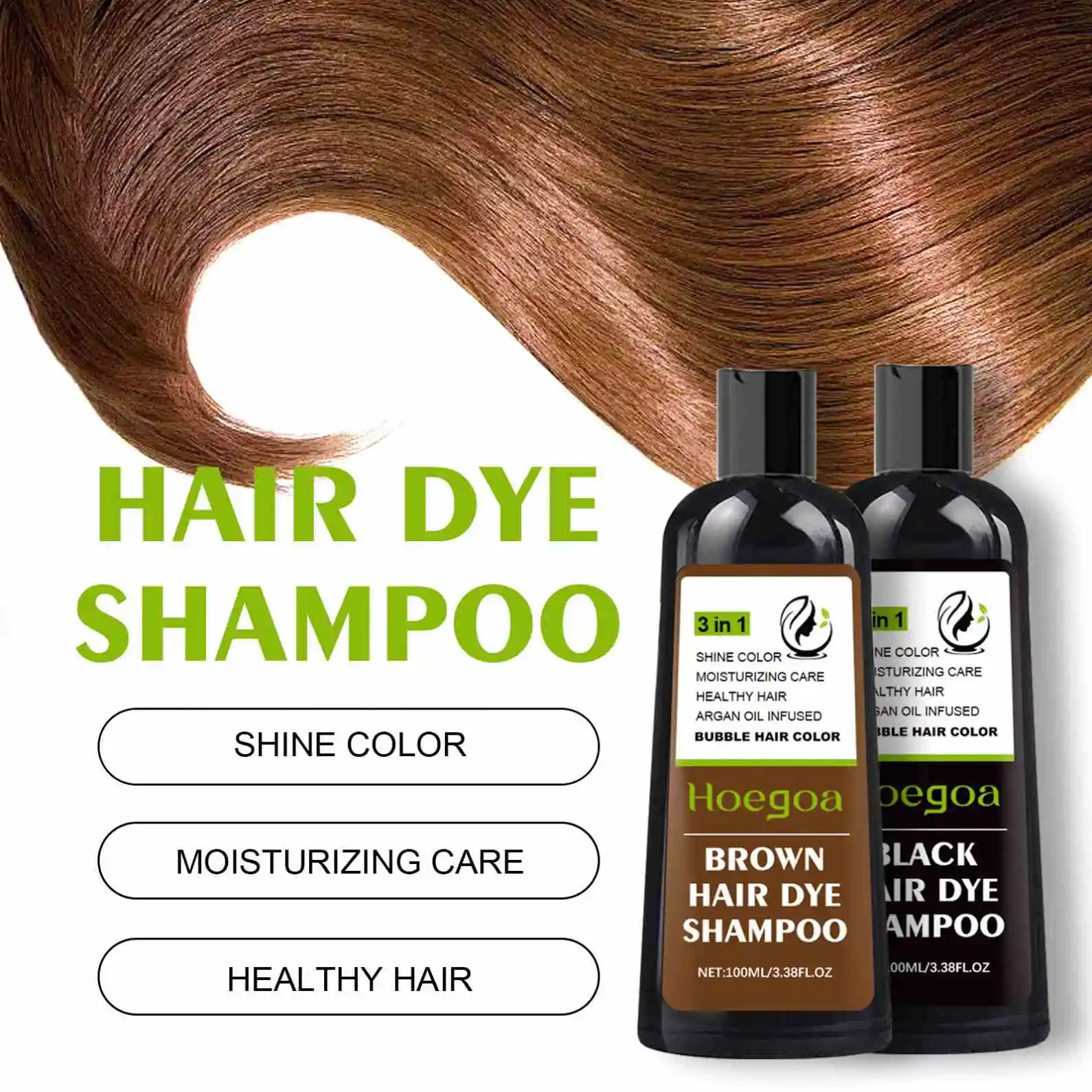 Hoegoa Wholesale OEM Hot Sell 3 In 1 Black Brown Hair Dye Shampoo Oil Permanent Natural Hair Dye Color Black Hair Dye Shampoo
