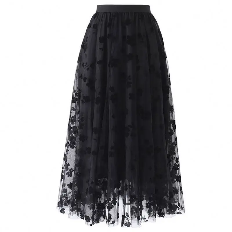 Elegant Casual Mesh Sexy Summer Maxi Sweet Latest Design Silky Winter Flowers Long Women High Waist A Line Elastic Tulle Skirt