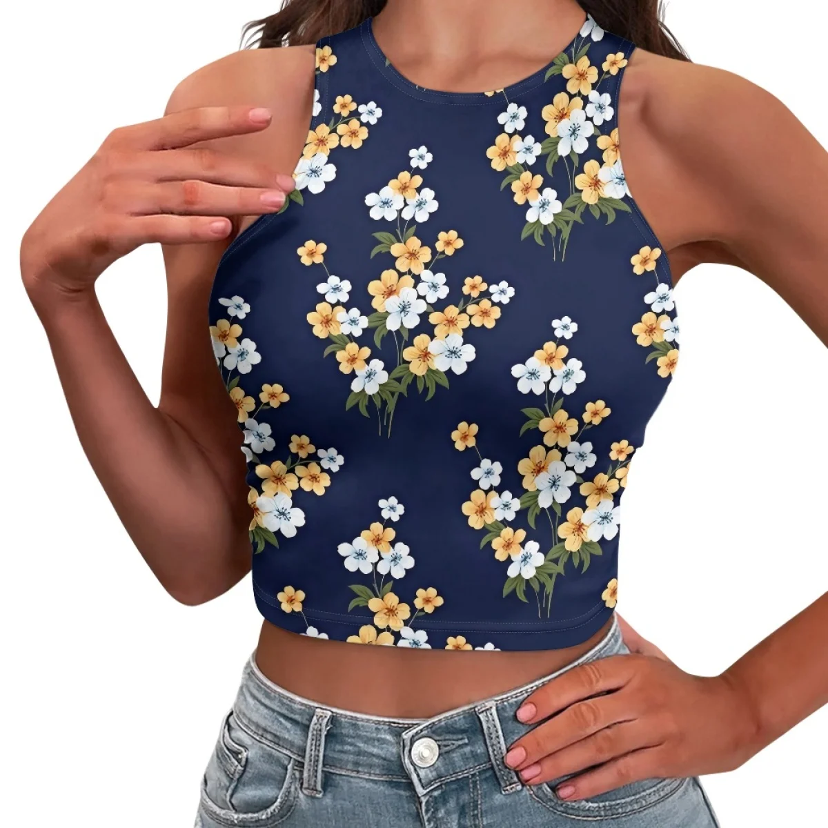 2024 Social software widely spread summer hot selling daisy Sleeveless Close Sexy Casual Fitting Gym Crew Neck Ladies Shirt Vest