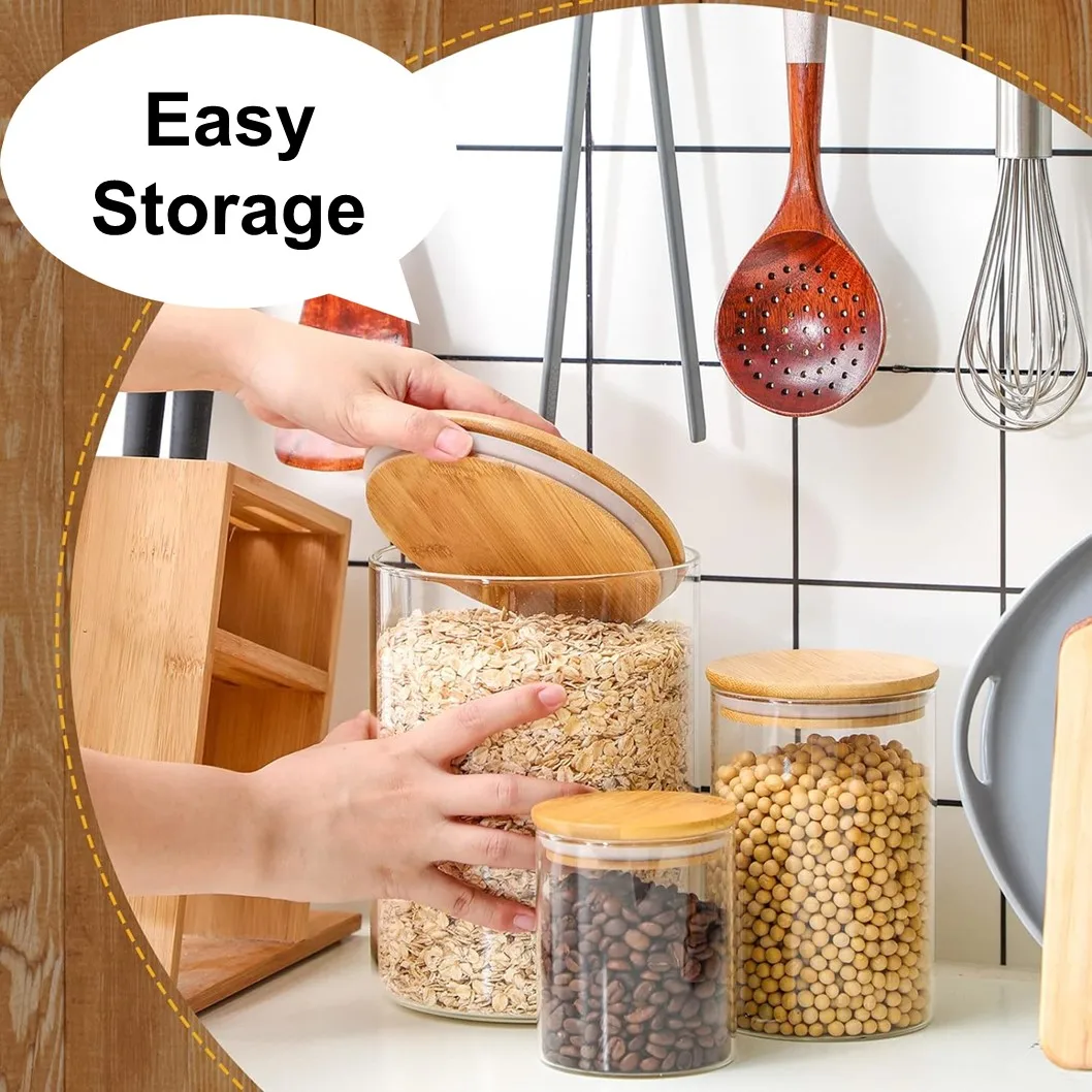 Large Capacity 3 Pack Straight Cylindrical Airtight Borocillicate Glass Storage Jar Container Canister with bamboo lid set