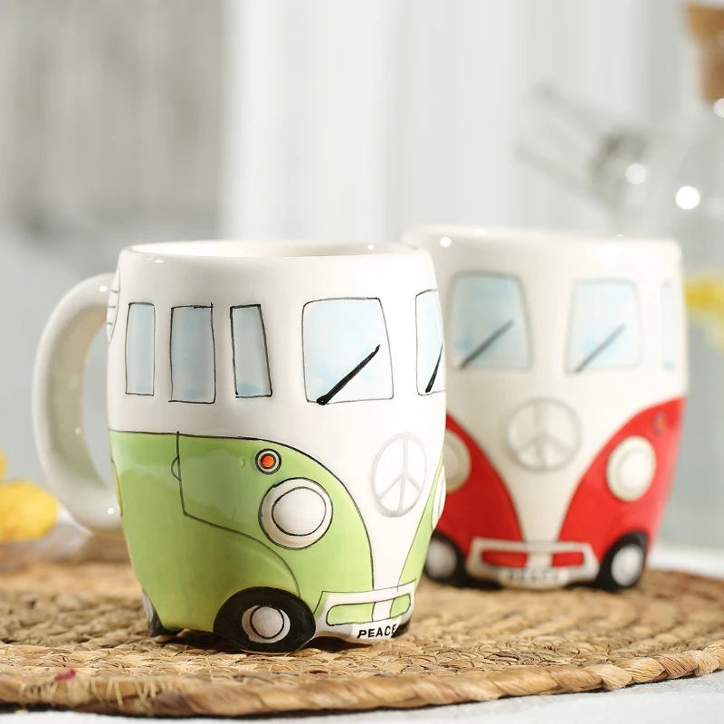 New design cartoon double bus mugs hand printing ceramic cups personalized mugs for gift