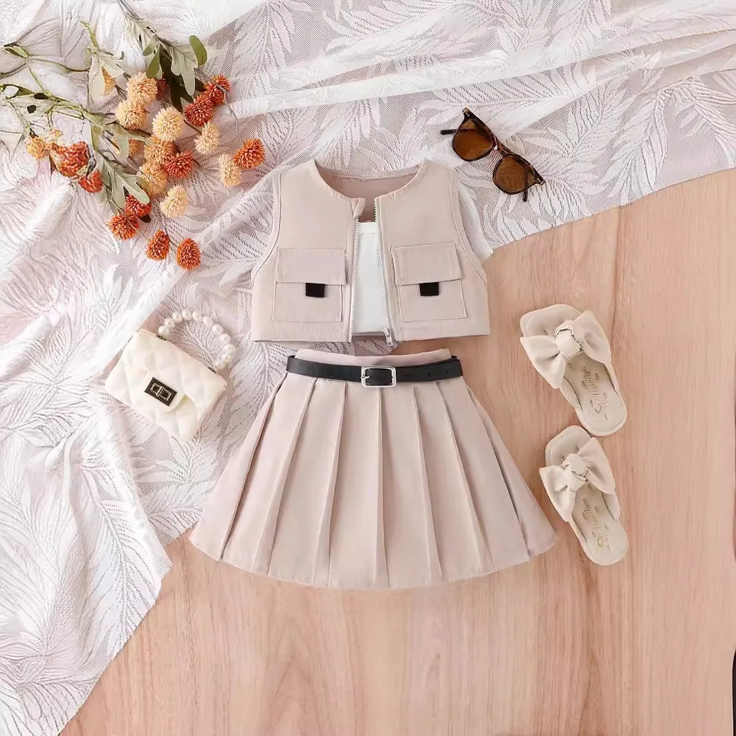 Baby Clothes Summer 2024 Casual Jacket Vest Pleated Skirt Girls Summer Clothes INS Style Street Desgin Toddler Clothing Set