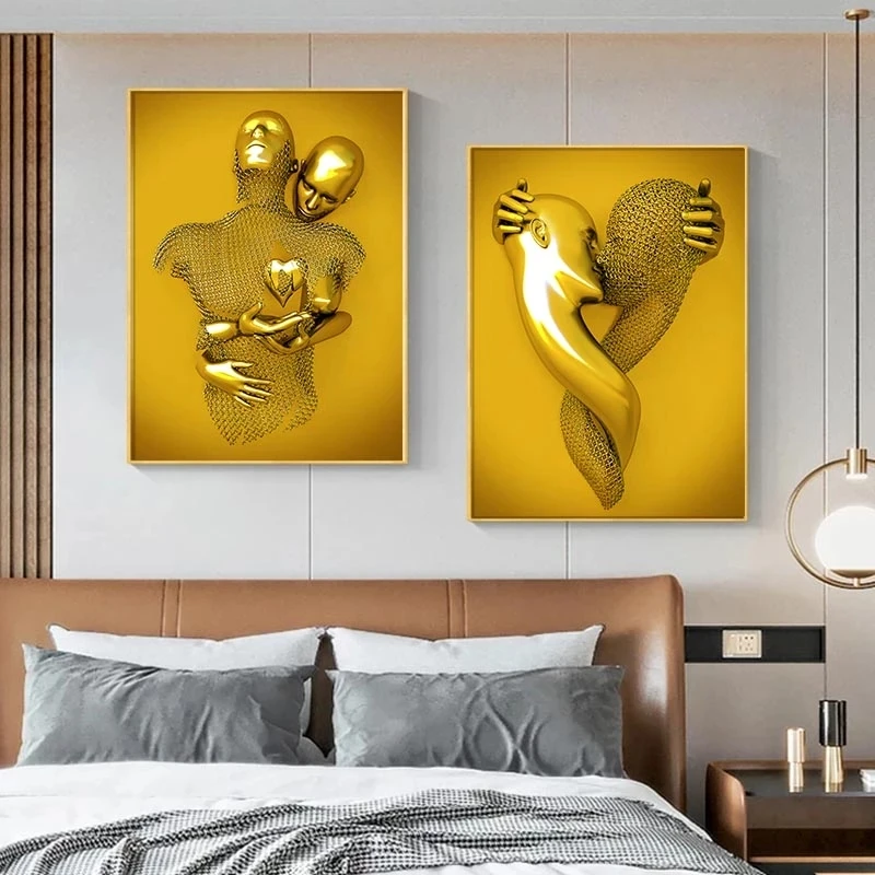 Modern Living Room Decor Golden Couple Lovers Metal Figure Statue Paintings Posters  Prints Pictures modern art statue