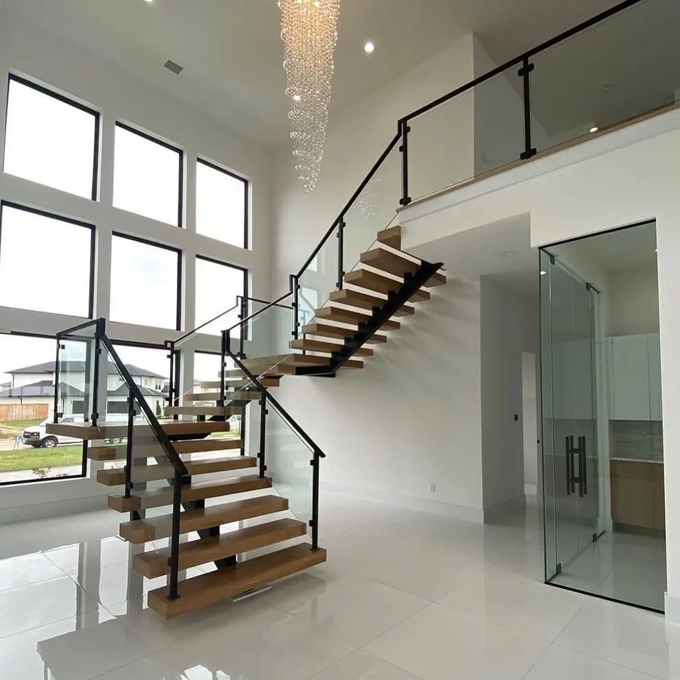 Interior Mono Stringer Glass Railing Staircase Wooden Tread Ladders